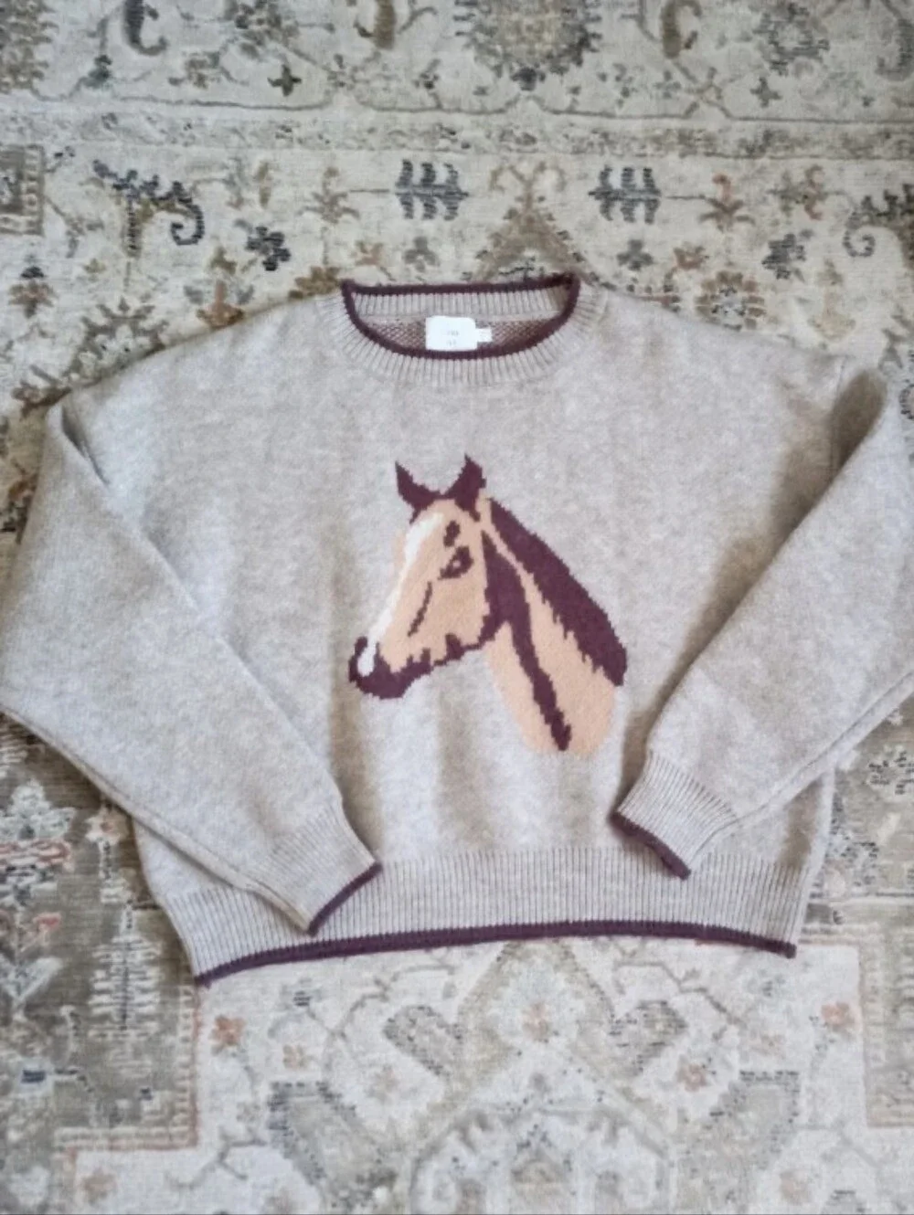 Luna Ivy taupe horse print cropped sweater with subtle ribbed trim